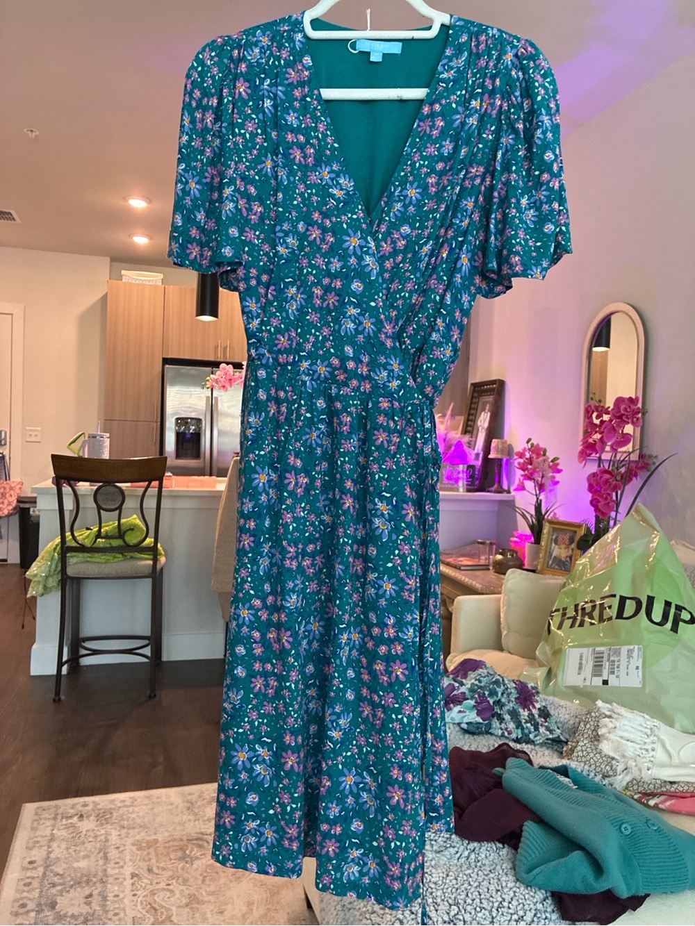 Draper James RSVP Teal Floral Faux Wrap Midi Dress XS
